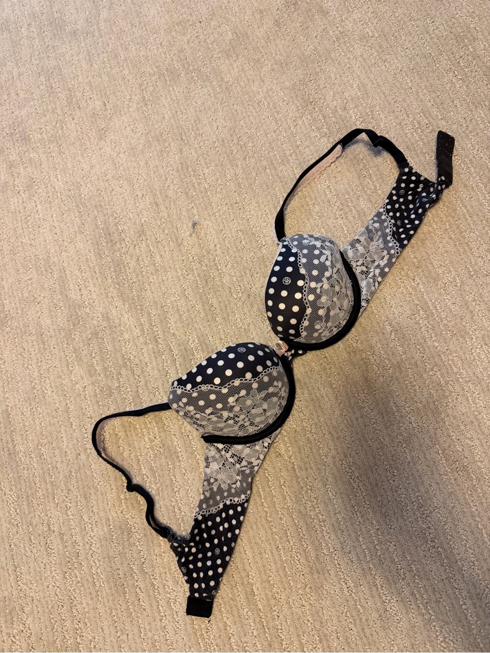 Victoria’s Secret Perfect Shape Black and White Polka Dot Lace Push-Up Bra